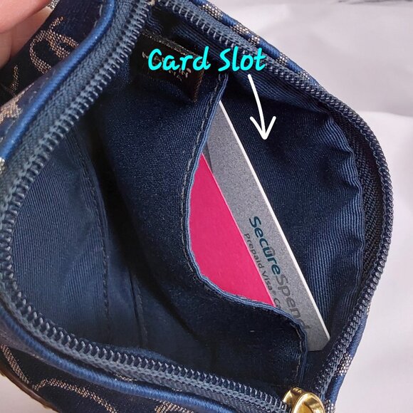 'COACH' 'POPPY' SIGNATURE SCRIPT LUREX JACQUARD WRISTLET NAVY BLUE/GOLD - Picture 11 of 15